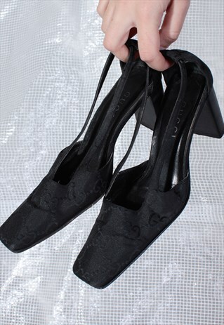 VINTAGE GUCCI BLACK MONOGRAM TWO STRAP SHOES