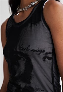 Double Layer Mesh Tank Top with Print & Embroidery in Black