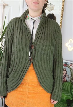 Vintage Y2K Green Knitted Cable Fisherman Aran Knit Cardigan