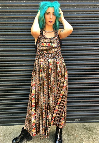 VINTAGE FRUIT AND FLORAL PRINT DUNGAREE DRESS