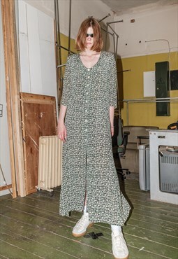 90's Vintage floral print festival summer green maxi dress