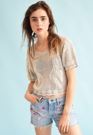 90'S RETRO BOHO FESTIVAL KNIT NEUTRAL SHEER TOP