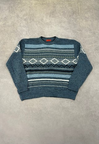 VINTAGE KNITTED JUMPER ABSTRACT PATTERNED GRANDAD SWEATER