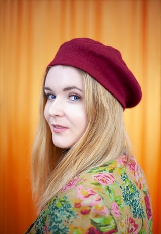 VINTAGE 90S BERET RED WOOL WINTER HAT