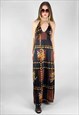 REVIVAL 70'S DRESS BLACK ORANGE RETRO PRINT HALTER NECK MAXI