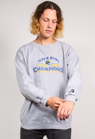 90'S VINTAGE PUMA ST. LOUIS RAMS NFL SUPER BOWL GREY SWEATER
