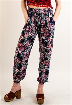 Floral Print Loose Fit Cotton Trousers in blue