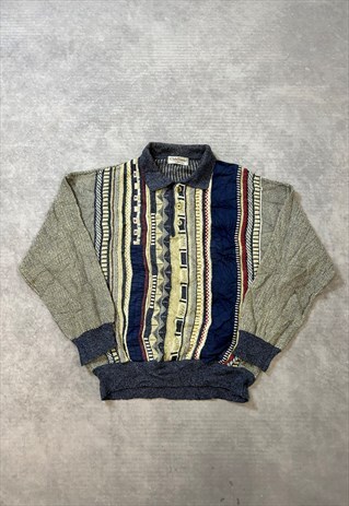 VINTAGE ABSTRACT KNITTED JUMPER 3D PATTERNED GRANDAD SWEATER