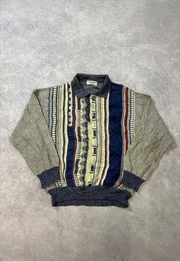 Vintage Abstract Knitted Jumper 3D Patterned Grandad Sweater