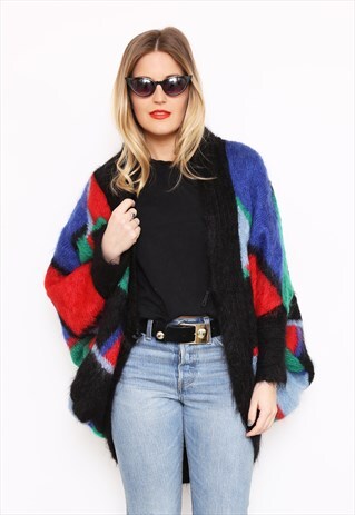 VINTAGE 80S MOHAIR COLOUR BLOCK KNIT CARDIGAN
