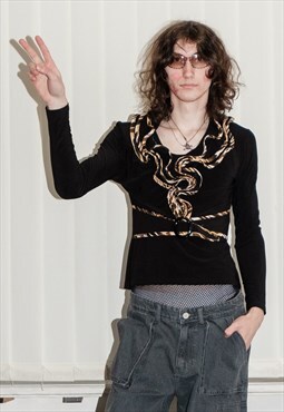 Vintage Y2K frilly collar belted top in black & leopard