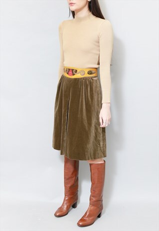 VINTAGE 1970'S OLIVE GREEN VELVET MIDI SKIRT