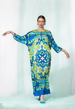 Blue and Green Satin Maxi Kaftan Dress