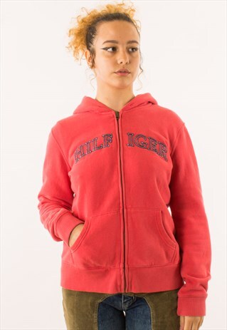VINTAGE 90S PINK TOMMY HILFIGER SPELLOUT FULL ZIP HOODIE