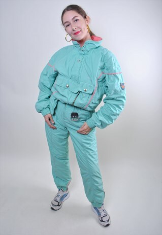 VINTAGE ASICS GREEN ONE PIECE SKI SUIT, WOMEN HOOD SNOW SUIT