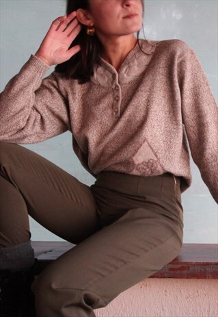 VINTAGE BEIGE MOCHA BROWN ANGORA WOOL BLEND SWEATER.
