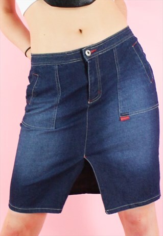 VINTAGE 90S DENIM SKIRT Y2K NAVY BLUE WASHED MINI