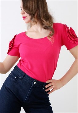 Y2k Vintage Designer Top Fine Knit T-shirt Rose Petal Sleeve