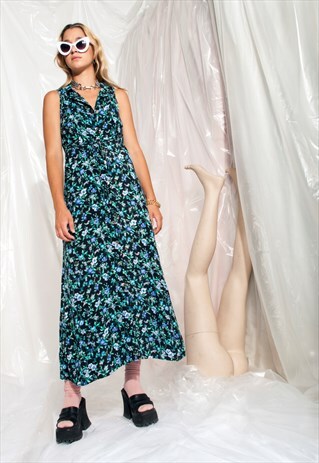 VINTAGE FLORAL DRESS 90S BUTTON FRONT GRUNGE MAXI DRESS