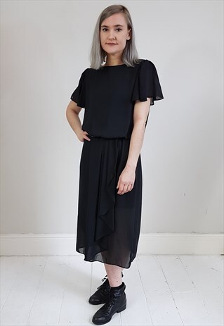 VINTAGE 70'S BLACK SHEER CHIFFON FRILL SLEEVE DRESS