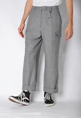 VINTAGE 90S UNISEX GREY MINIMALIST NEW WOOL CARGO PANTS