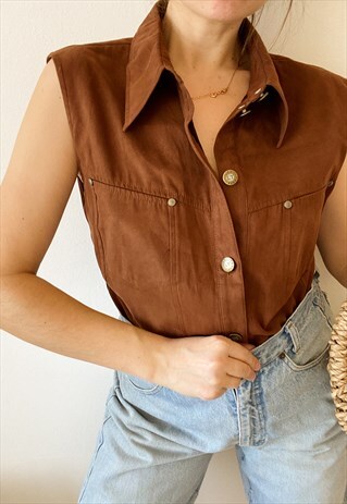 VINTAGE Y2K SEXY PRAIRIE WESTERN FAUX SUEDE VEST BLOUSE TOP