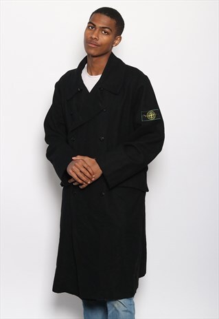 VINTAGE STONE ISLAND LONG WOOL BUTTON UP COAT BLACK