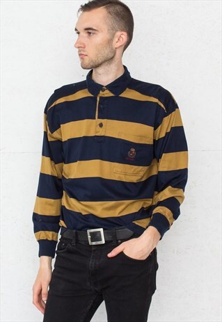 90S VINTAGE NAVY PAUL&SHARK LONG SLEEVE STRIPED POLO SHIRT