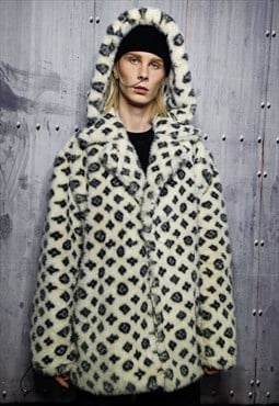 Faux fur coat heavy jacket reworked daisy trench in white