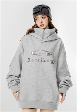 Raised neck hoodie utility pullover cyberpunk jumper in grey