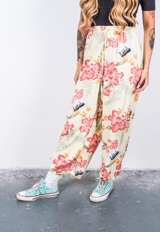 VINTAGE HIGH-WAISTED YELLOW FLORAL PATTERNED TROUSERS