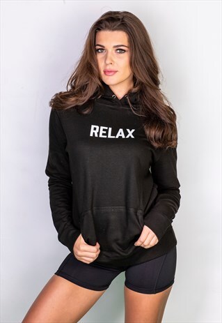'RELAX' BLACK SLOGAN HOODIE WITH WHITE PRINT ON FRONT