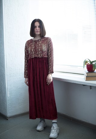 VINTAGE 80'S BURGUNDY RED PATTERNED TOP BOHO DRESS