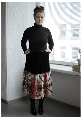 VINTAGE 80'S BLAC VELVET PATTERNED RUFFLE BOTTOM SKIRT