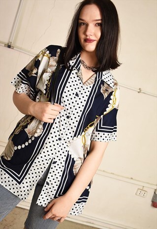 90'S RETRO SEASHELL PRINT DOTTED PARIS CHIC BLOUSE TOP