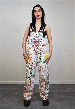 Psychedelic graffiti dungarees cartoon print denim overalls 