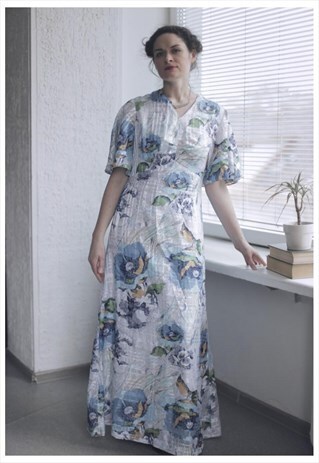 VINTAGE 70'S MAXI MULTICOLOR FLOWER PRINT DRESS