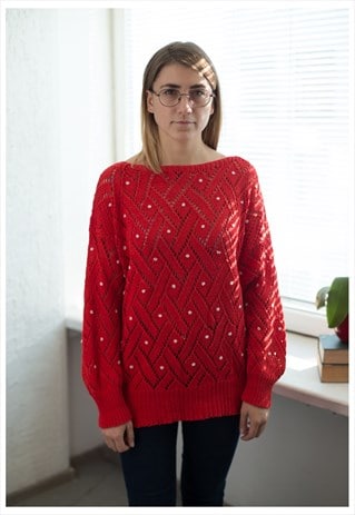VINTAGE 80'S RED PEARL BEADED JUMPER