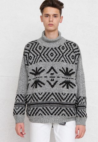 VINTAGE GREY TURTLE ROLL NECK CHRISTMAS JUMPER SWEATER