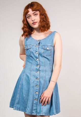 90'S VINTAGE BLUE BUTTON DOWN FRONT MINI DRESS