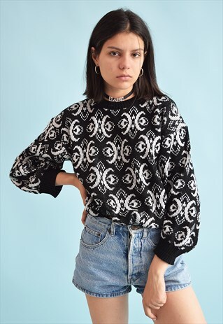 90'S RETRO ABSTRACT PRINT JAZZY OVERSIZED KNIT JUMPER TOP