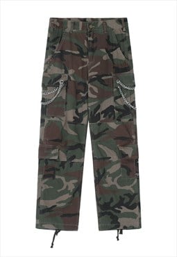 Military jeans grunge utility chain denim pants camo green