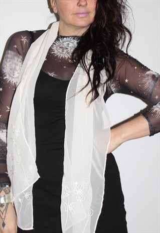 90'S VINTAGE LONG HEAD NECK SCARF WHITE EMBROIDER DETAIL