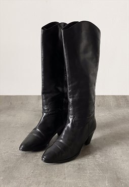 Vintage real leather black knee length cowboy boots