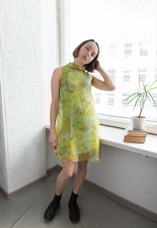 VINTAGE 70'S GREEN MINI DOUBLE LAYER SLEEVELESS DRESS