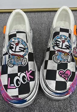 Customized trainers check laces cat patch sneakers in black