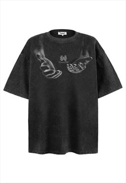 Palm print t-shirt hand graffiti top sign language tee black