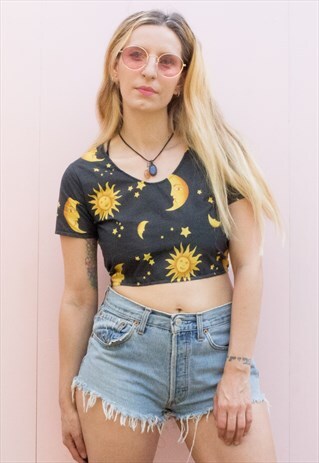CELESTIAL SUN & MOON PRINT TIE BACK CROP TOP