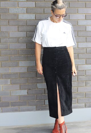 VINTAGE 1990S SUEDE BLACK SPLIT FRONT MIDI SKIRT