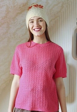 Bright pink short sleeve knitted jumper t-shirt